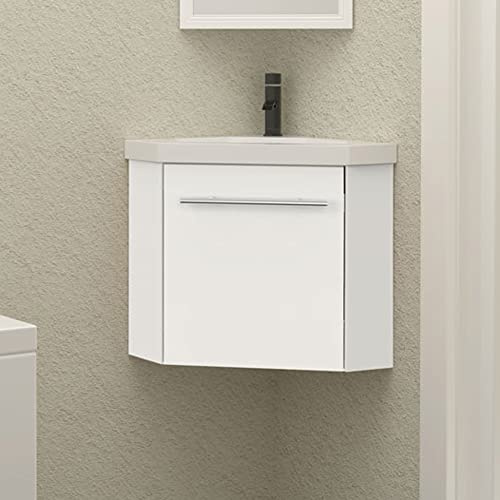 HAPAOSO Eckwaschbecken mit Unterschrank Gäste Wc Klein 40 cm Eckschrank Weiss 1 Soft-Close Türen Hängend Möbel Set