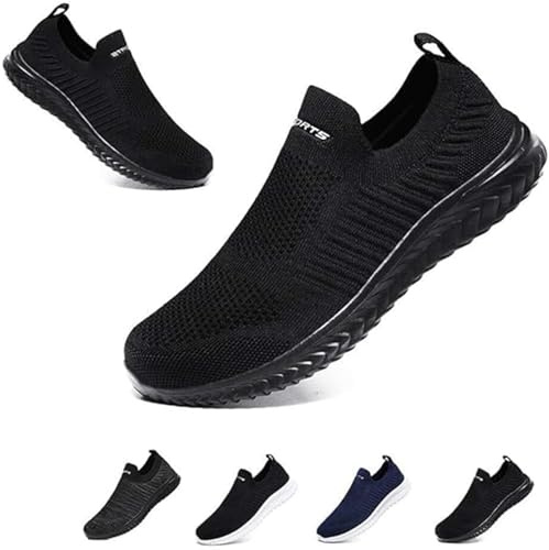 Mens Womens Slip On Trainers Casual Nordic Walking Shoes Breathable Running Shoes Nurse Work Shoes Lightweight Tennis Shoes Soft Mesh Gym Workout Sneakers Black EU46 Convert UK11