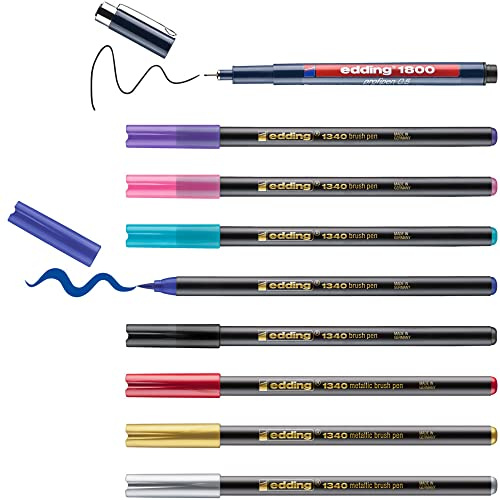 edding Happy Lettering 9+2 Set - 8 Fasermaler in leuchtenden und metallischen Farben, 1 Fineliner - perfektes Einsteigerset für Lettering-Liebhaber - mit Geschenkanhängern und Pinselfarbmixer