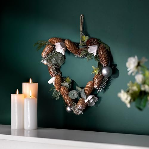 Marco Paul 33cm Acorn Heart Shaped Christmas Wreath - Rustic Pine Cone, Faux Eucalyptus & Silver Bauble Design - Festive Door Wreath Decoration for Front Door, Wall Fireplace or Indoor Christmas Décor