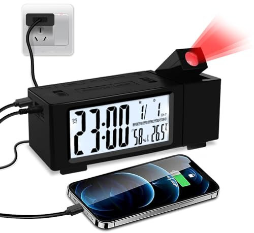 Orologio elettronico multifunzionale/Orologio con proiettore a 180°/Orologio digitale con doppi allarmi/Orologio da scrivania con proiettore a luminosità regolabile/Termometro interno/Con porta USB