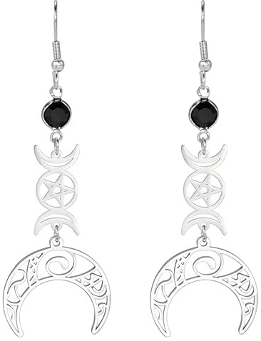 Dreifach-Mond-Göttin-Ohrringe, Edelstahl, Pentagramm, Pentagramm, heidnisch, Wicca, magisches Amulett, Schmuck für Frauen