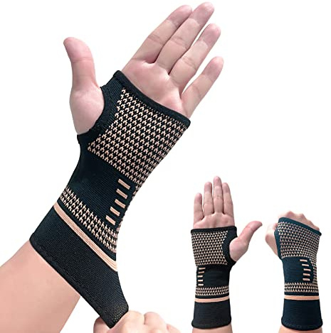 Copper Wrist Compression Sleeve, Elastic Wrist Support Sleeve Wrist Brace for Tendonitis, Arthritis, Sprains Pain Relief, Breathable Carpal Tunnel Hand Brace for Sport, Fitness, Workout, Typing