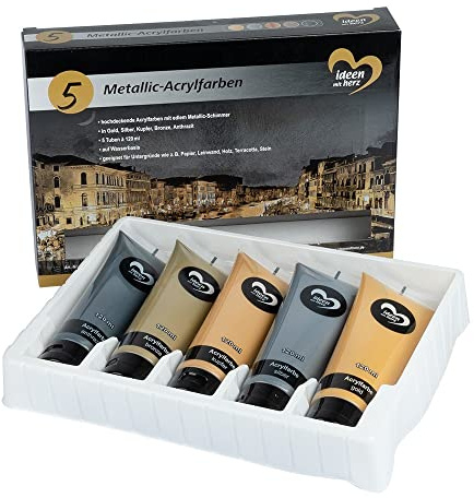 Ideen mit Herz Metallic Acrylfarben-Set | 5 Tuben à 120 ml | 5 Farben | gold, silber, kupfer, bronze & anthrazit | hochdeckend