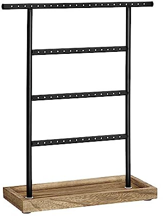 SONGMICS Schmuckständer, Schmuckhalter mit Schmucktablett, 4 Stangen, Kettenständer, Holz-Sockel, Schmuckaufbewahrung für Ohrringe, Ohrstecker, Vintage-Stil, weihnachten, holzfarben-schwarz JJS019B01