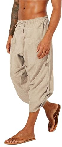 Gafeng Mens Yoga Capri Pants Baggy Casual Elastic Waist Drawstring Beach Summer Cotton Boho Harem 3/4 Pants