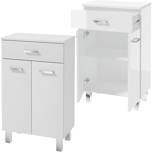 .Deftrans Domodomo Stand-Badschrank schmal - 85 x 50 x 30 cm weißer Badschrank mit Aufsatz, lackierter Badezimmerschrank mit Schublade