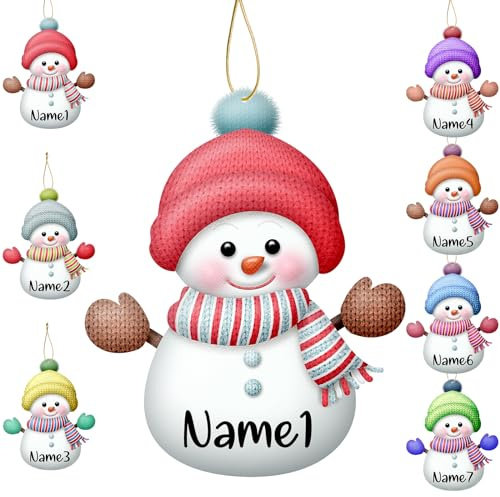 7 Stück Personalisierter Weihnachts-Schneemann-Baumschmuck, Individuelle Ornamente mit Namen für Weihnachten, Individuelle Weihnachtsdekoration, Ornament-Geschenke(Hölzern)