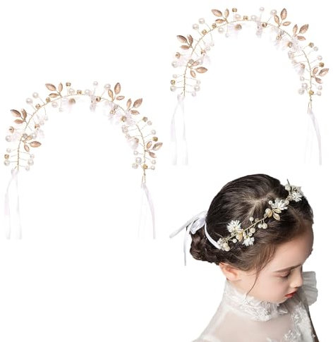 SKHAOVS 2 Pcs Couronne De Fleurs Pour Cheveux, Headband Mariage Perle Bandeau de Mariée, Mariage Accessoires De Cheveux, Bandeau Feuille Perle Cheveux Vigne Cristal Casque Pour Les Filles