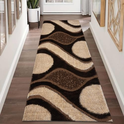 Fit Even Swirl Runner Rug – Washable Non-Slip Carpet Runner rugs for Hallway, Kitchen, Living Room, Corridor, Entryway, and Door Entrances (Brown & Beige, 60x220 cm)