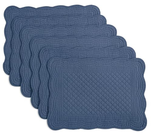HOMBYS Quilted Placemats Set of 6 Washable-13x18 inches Rectangular Placemats for Kitchen Table-100% Cotton Fabric Rectangular Table Mats, (Sapphire Blue)