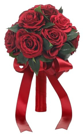 Wedding Bouquet Bride Flower Bridal Bouquets, Ribbon Artificial Rose Wedding Bouquets for Bride Bridesmaid Bouquet Dark Red Rose Bouquet Bride Bridesmaid Holding Flower for Wedding Decor