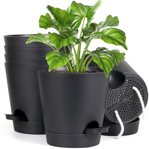 Homeuouz 6 Packs Blumentopf Selbstbewässernd, 15.2cm Pflanzentopf mit Bewässerungssystem, Übertopf mit Untersetzer, Blumentöpfe Set Ideal für Innen und Balkongärten, Schwarz