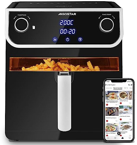 Aigostar - Friteuse à air XXL 8L, Friteuse sans huile avec fenêtre d'affichage, 1700 W, 12 fonctions prédéfinies + manuel, écran tactile LED, double utilisation : avec panier ou tiroir
