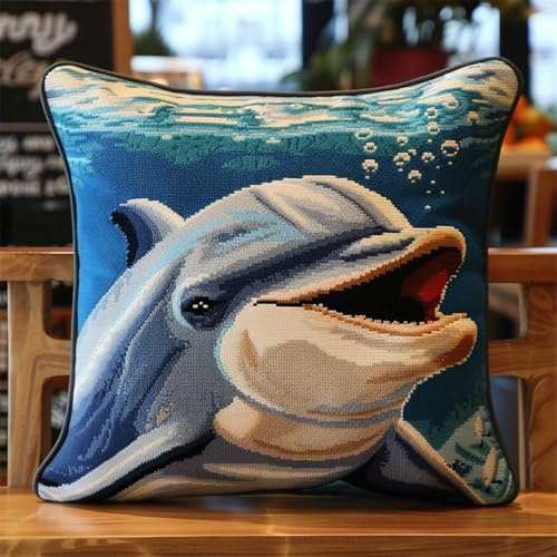 DIY knüpfen set anfänger Cartoon-Delfin knüpfkissen mit vordruck Wasserlebewesen Bezug Knüpfhaken-Kissenbezug，DIY-Kissenbezug-Set，Kissenbezug-Bastelsets für Erwachsene mit bedruckter Lei 43x43cm