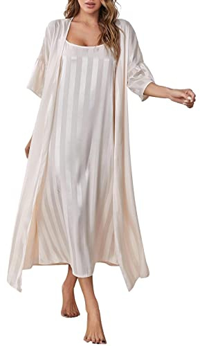Ensemble de vêtements de nuit sexy 2 pièces pour femme - Long pyjama en soie - Nuisette en satin - Peignoir kimono - Long nuisette de mariage lot de 2 - Robe de chambre - Chemise de nuit - Peignoir