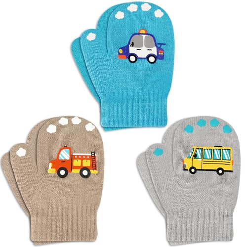 3 Pairs Kids Knitted Mittens Toddler Winter Gloves Boys Full Finger Warm Mittens (3 Pairs-Car)