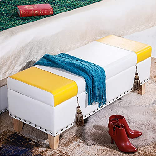Polsterbank aus Kunstleder, mit Stauraum, moderner Fußstütze, Schuhhocker für Wohnzimmer, Schlafzimmer, Eingangsbereich, Flur, Olivgrün, 61 x 43,2 x 40,6 cm, Gelb und Weiß