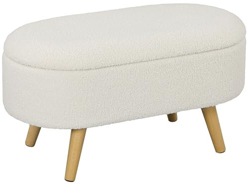 HOMCOM Sitzbank mit Stauraum, Polsterbank mit Teddysamtoptik, Bettbank mit Deckel, Holzbeine, für Flur Schlafzimmer Wohnzimmer, 82 x 41 x 45 cm Weiß