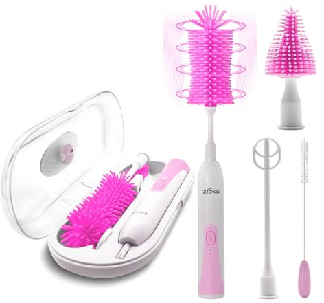 Electric Bottle Brush Cleaner New Upgrade, Portable Electric Baby Bottle Brush Cleaner for Travel, Travel Bottle Cleaner Kit with Nipple & Straw Brush, Perfect Mom Essentials After Birth Gift, Pink