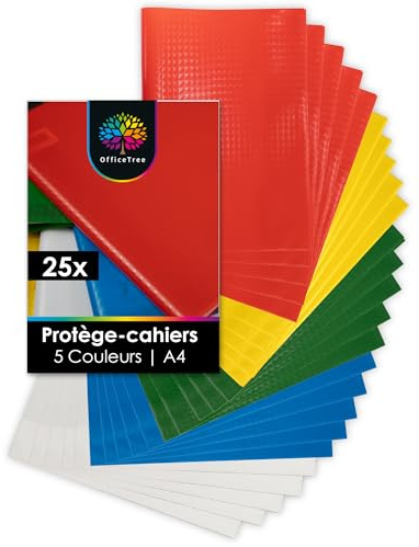 OfficeTree 25x Heftumschläge A4 Bunt - 5 Farben - Bastoptik - Hefthüllen A4 Bunt inkl. 25 Etiketten - Schutz Umschläge Heft für Schule & Büro - Hefteinband wasserabweisend - Heft Umschlag
