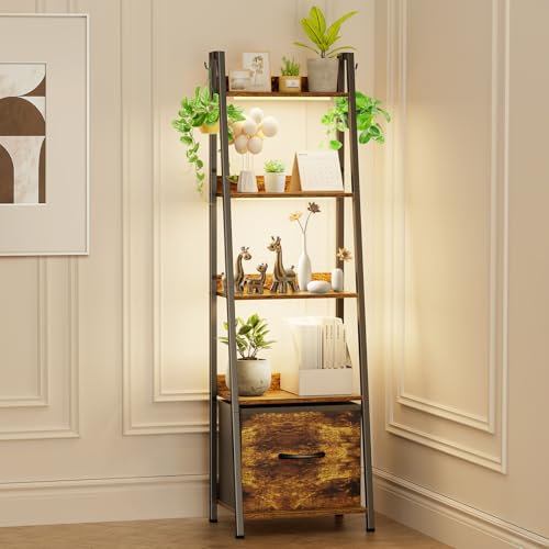 OUTONLIFE 5-Tier Ladder Shelf, Bookshelf with LED Light & Drawer, Narrow Freestanding Bookcase, Industrial Display Shelves with Metal Frame, Wooden Storage Shelving Unit for Living Room, Bedroom