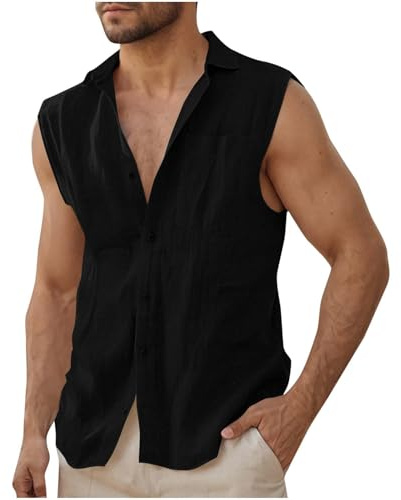 KOG Leinenhemd Herren Ärmellos Sommer Sommerhemd Männer Hawaiihemd Einfarbige Sportshirt Basic Baumwolle Jungen Sweatshirt Bequemes Herrenhemd Oberteil Schwarz 3XL