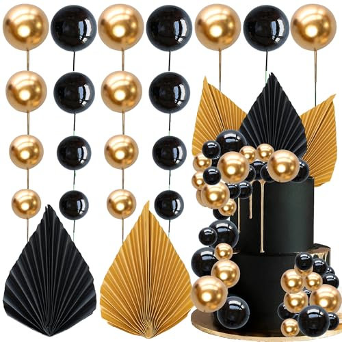 Ephlyn 28Pcs Paper Palm Fan Cake Topper Balls Cake Pick Decoration for Baby Shower Wedding Bridal Shower Birthday Party DIY Cake Decorations Supplies Black Gold