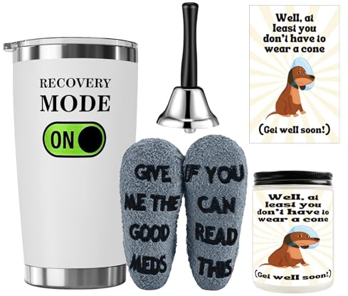 6 Pcs Funny Get Well Soon Gift Set Include 20oz Hospital Mug Tea Hand Bell Scented Candle Funny Recovery Socks Cards and Sticker for Chemo Patients Sick Friends Post Surgery Recovery Cheer up Gifts