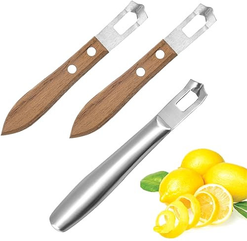 AddLotLot 3 PCS Cocktail Channel Carving Knife Walnut Wood Handle Fruit and Vegetable Carving Tool V-Shaped Stainless Steel Blade Garnish Citrus Zester for Decorating Cocktails Desserts and Salads