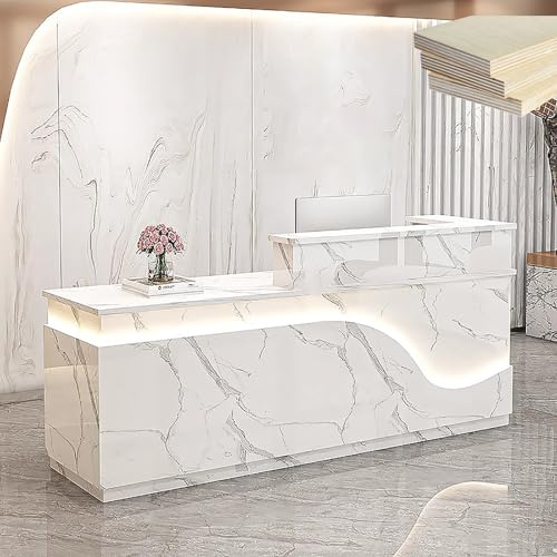 63 in Reception Desk, Salon Reception Counter, Modern Front Receptionist Desk Checkout Counter Table, with Lockable Drawer and Keyboard Tray, for Office, Shop (Fish Belly Pattern, 63x23.6x39.3 in-L)