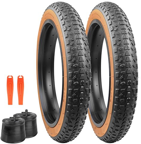 Pneumatico per bicicletta, 20 x 3.0 (76 – 406), pneumatico per mountain bike, antiscivolo, resistente alle punture (2 tires+2 tubi+2 leve, Brown Wall, 20 x 3.0)