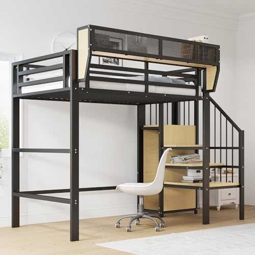 Dolamaní Hochbett 90x200 cm Metall Bettgestell mit Treppe Sicherheits und Schrank, Höhe 191 cm Bett mit Abnehmbares Netz Regale und Rausfallschutz, für Teenager Erwachsene (Schwarz)