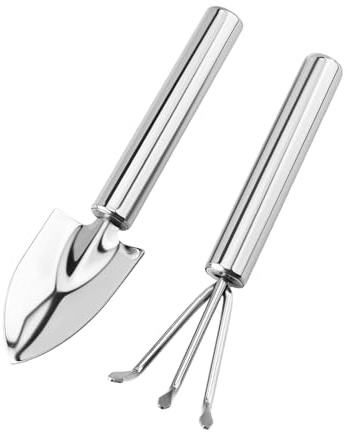 Set di 2 mini attrezzi da giardino in acciaio inox, pala e rastrello per fiori succulenti e scavare forniture da giardinaggio piccoli attrezzi da giardino Rnj542 (argento, 18,5 cm)