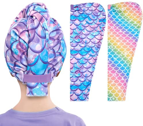 WAWSAM Mikrofaser Haarturban für Mädchen 2 Stück Schnelltrocknendes Haartrockentuch mit Knopf Weiches Haare Handtuch Turban für Lange & Kurze Haare