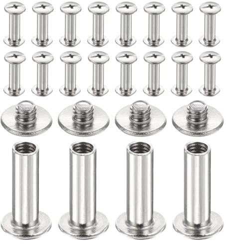 sourcing map 20set Chicago Screw M4x15mm 6mm Length Metal Phillips Nail Rivet Stud Bolts Rivets Binding Post Screw for DIY Leather Belt Bag Craft Bookbinding, Silver