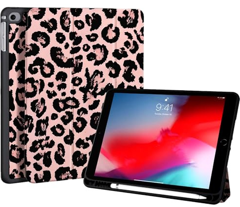 Fycyko for iPad 9.7 Inch Case, iPad 6th/5th Generation 2018/2017 with Pencil Holder, Pink Leopard Design Smart Slim Folio Stand Protective Tablet Cover for iPad 9.7