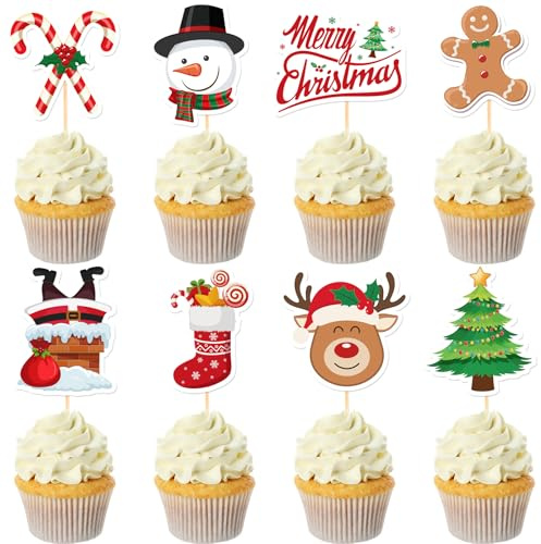 NEBURORA 64 piezas Adornos para cupcakes navideños Palillos para pasteles de Papá Noel Muñecos de nieve Banderas de palillos de dientes de Feliz Navidad para decoraciones de fiesta Suministros
