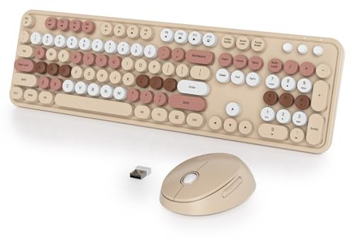 Vumilstek Beige Keyboard and Mouse Wireless, American QWERTY 2.4G Full Size 104-Key Retro Typewriter Round Keycap with Number Pad for Students Home Office PC Laptop(Milk Tea)