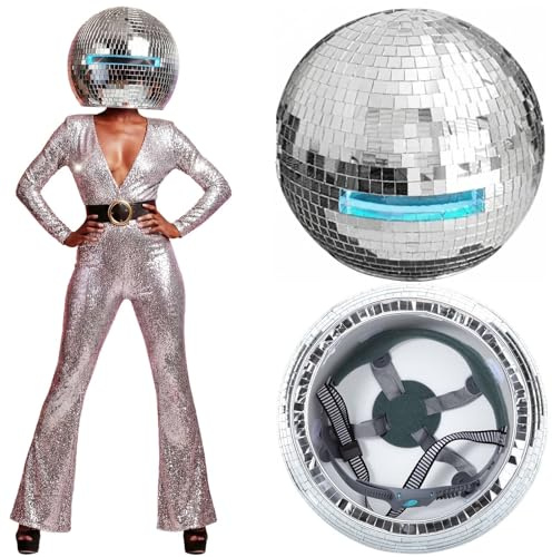 Sabary Disco Ball Helmet Adult Glitter Glass Hat Novelty Punk Disco Ball Costume Cosplay for Nightclubs Parties Bar Djs Stage(Silver,11.81 Inch)