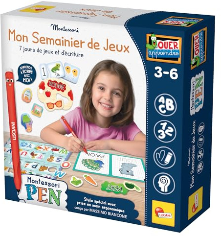 Lisciani Montessori Pen - Mi Semana de Juegos - Juego Educativo Infantil Infantil de 3 a 6 años - 7 días Juegos de Escritura - Bolígrafo ergonómico Pizarra borrable - Actividades Palabras Números