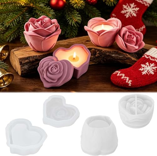 4Pcs Silikonformen Rose FORMVERSITY, Silikonformen Gießformen Blumen Kerzen Formen Silikon Blumen, Rosen Gießform kerzen Silikonformen Set 3D Gießen Herz, Diy Rosen-Silikonform Aufbewahrungsbox