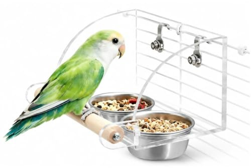 FTISSLY Vogel Futternapf zum Aufhängen Vogelfutternapf Vogelnapf Edelstahl | Futterschale Futterspender Vögel Hängend Futterschüssel Vogelkäfig Fressnapf Vogelfutterschale mit Holzständer für Papageien