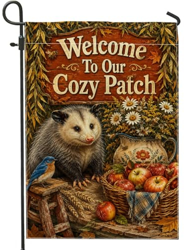 Opossum - Bandiera da giardino rustica, con mele e margherite, marrone, su entrambi i lati, decorativa, per esterni, prato, portico, patio, ingresso, 30,5 x 45,7 cm