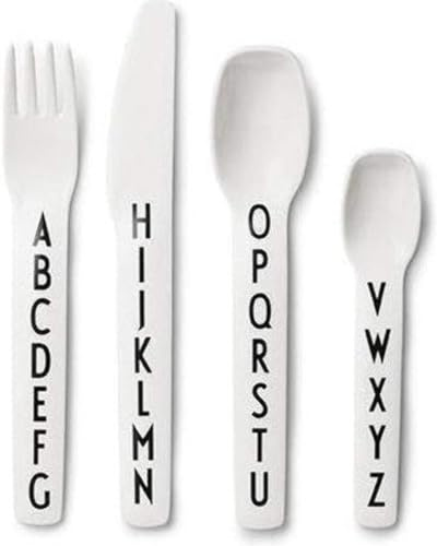 Design Letters Eat & Learn Tritan Besteck für Baby und Kinder, 4 stck. (Weiß) - BPA-frei, BPS-frei und EA-frei, mit A-Z-Alphabet-Druck, Drop-safe, spülmaschinenfest