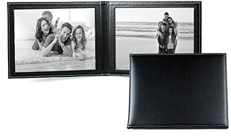DELMON VARONE - Personalisierbarer Reisebilderrahmen 13x18 Cambridge Leder Schwarz, Fotoalbum Collage quer für Zwei Bilder, Einsteckalbum mit Rahmen doppelt & klappbar, Foto Album personalisiert