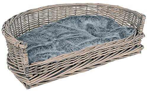 UNUS Hundebett Hundekorb Hundekörbchen aus Weide mit Kissen S für Hunde und Katzen grau 61 x 44,5 x 15,5 cm