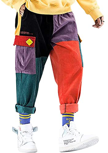 Aelfric Eden Mens Color Patchwork Cargo Pants Multi-Pockets Corduroy Jogger Pants Unisex Casual Vintage Streetwear Trousers Orange Green M