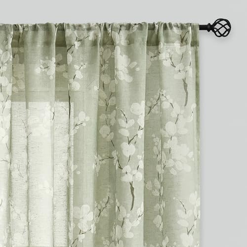FMFUNCTEX Linen Sheer Curtains for Bedroom, Sage Green Blossom Print Curtains 63 Inch Length for Living Room, Floral Patterned Farmhouse Curtain Light Filtering Window Drapes 2 Panels, Rod Pocket