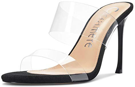 Castamere Womens High Heels Peep-Toe Slip-on Sandals Transparent Stilettos 3.9IN Heel Black Shoes UK 6.5
